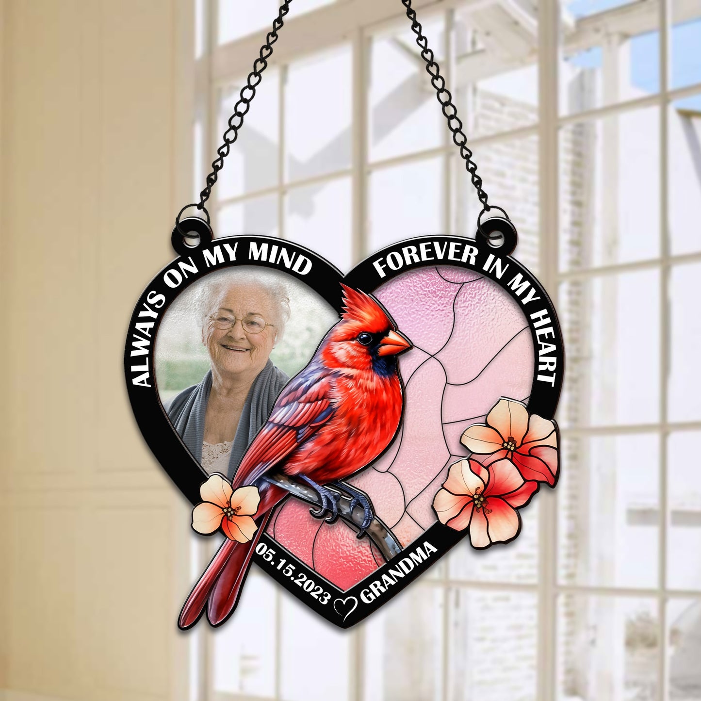 Personalized Photo Memorial Cardinal Always On My Mind forever In My Heart Hanging Suncatcher Ornament