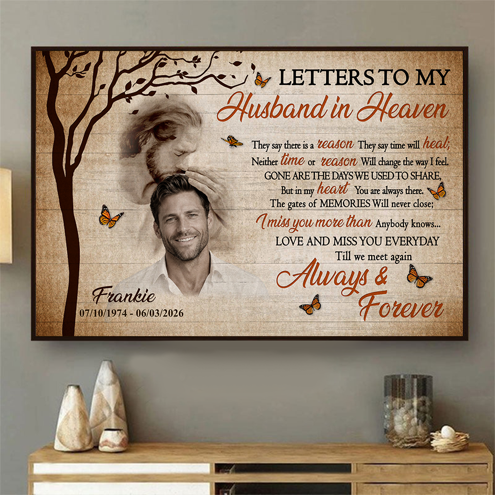 Personalized Photo Memorial Letters To My Husband In Heaven Safe In God Is Hand Poster Canvas