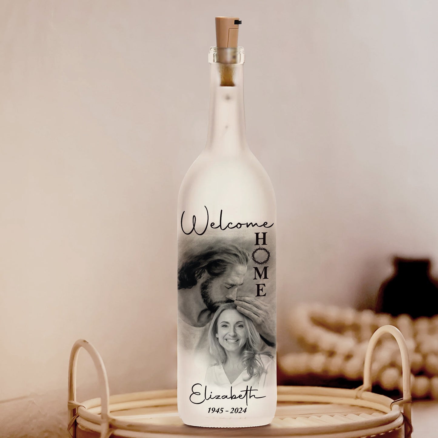 Personalized Photo Memorial Welcome Home Safe In Arms Of Jesus, Sympathy Gift Loss Loved One Bottle Lamp