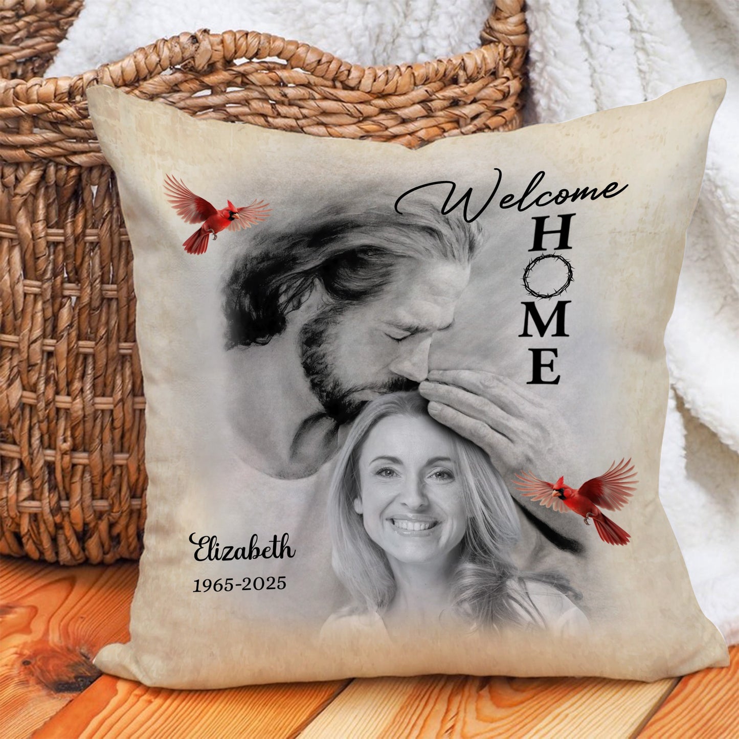 Personalized Photo Memorial Welcome Home, Safe In Arms Of Jesus Sympathy Gift Loss Loved One Pillow