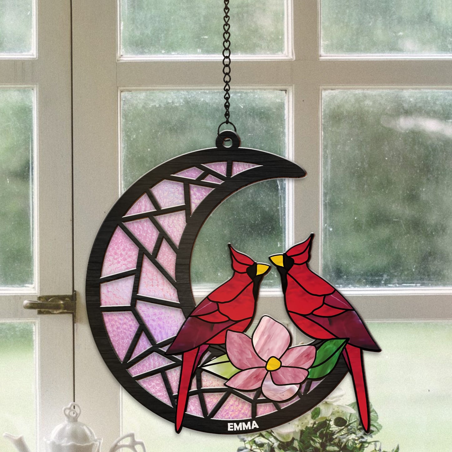 Personalized Red Cardinal Memoria Hanging Suncatcher Ornament