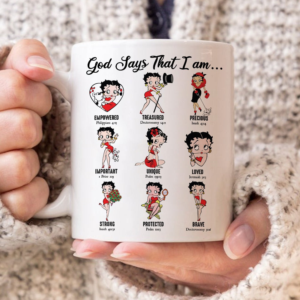 Personalized Vintage Girl God Says That I Am Loved Empowered Strong Unique White Mug