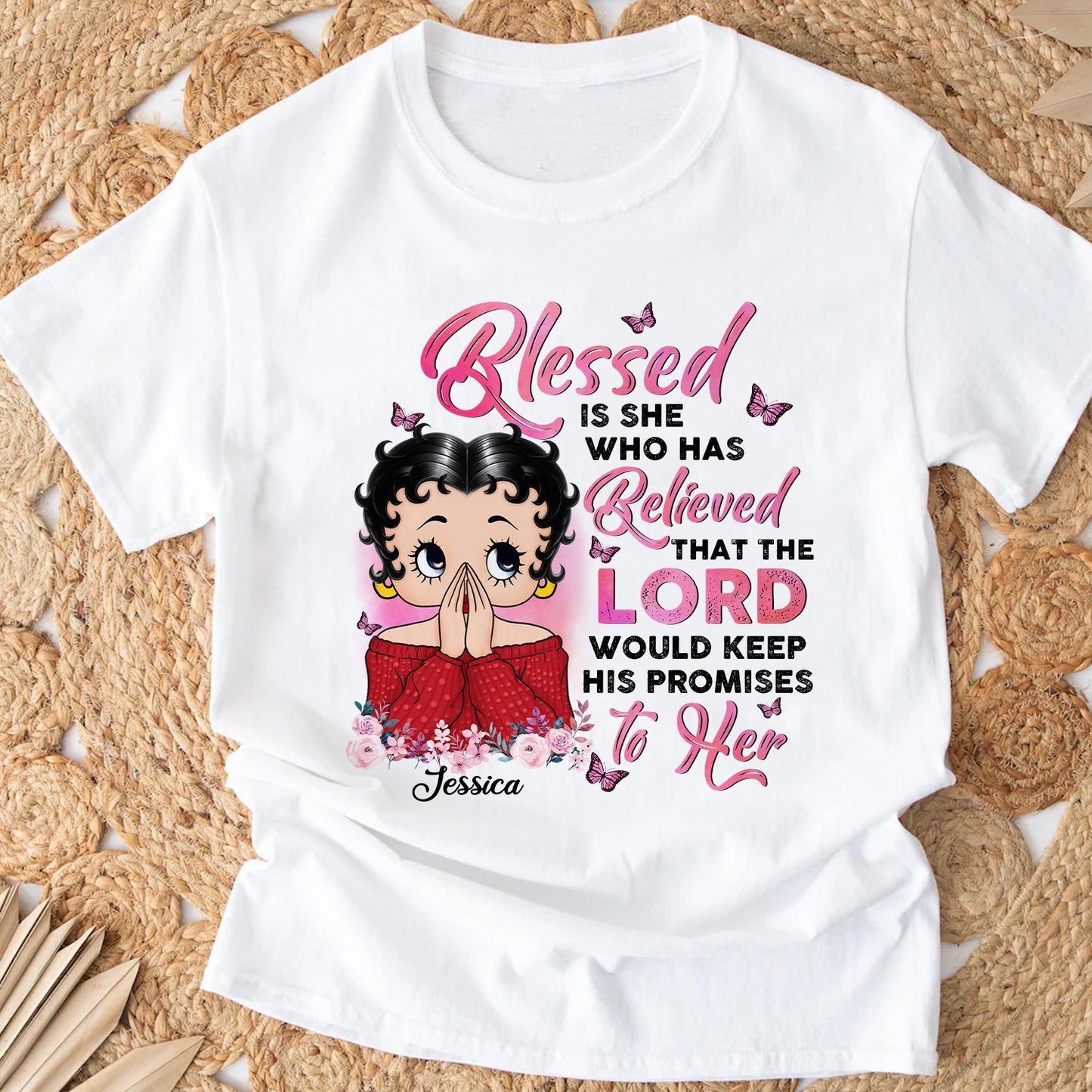 Personalized Vintage Girl, Blessed is She Who Has Believed Women's T-Shirt