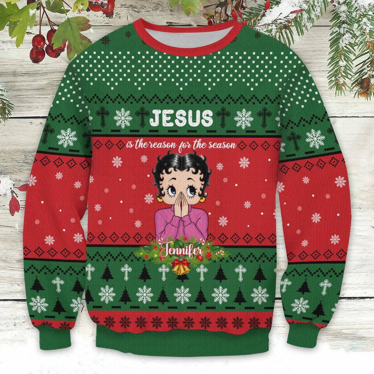 Personalized Vintage Girl Christmas, Jesus Is The Reason For The Season Ugly Sweatshirt