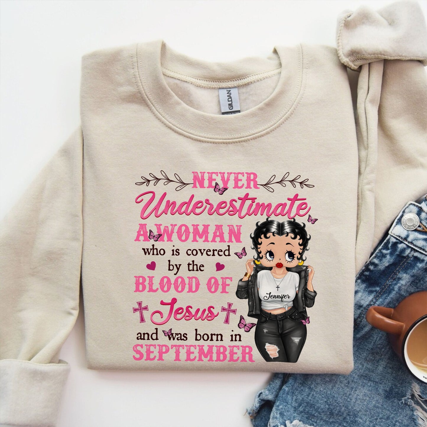 Personalized Vintage Girl, Never Underestimate A Woman Who Is Covered By The Blood Of Jesus Sweatshirt