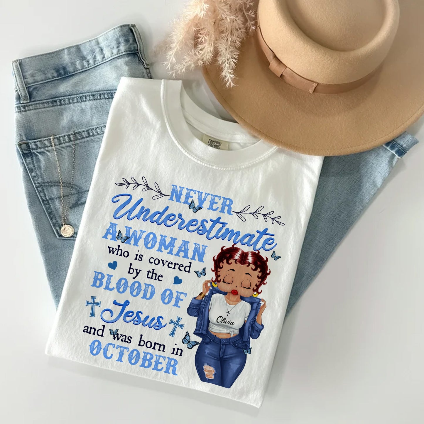 Personalized Vintage Girl, Never Underestimate A Woman Who Is Covered By The Blood Of Jesus T-Shirt