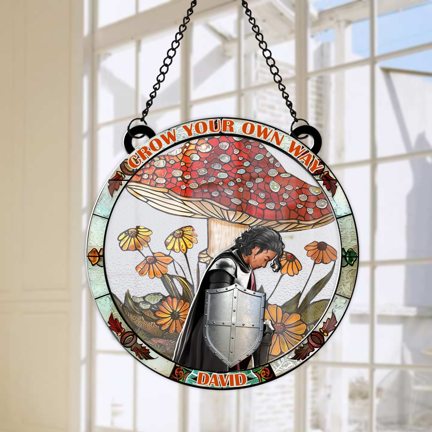 Personalized Warrior Of God With Groovy Mushroom Grow Your Own Way Hanging Suncatcher Ornament