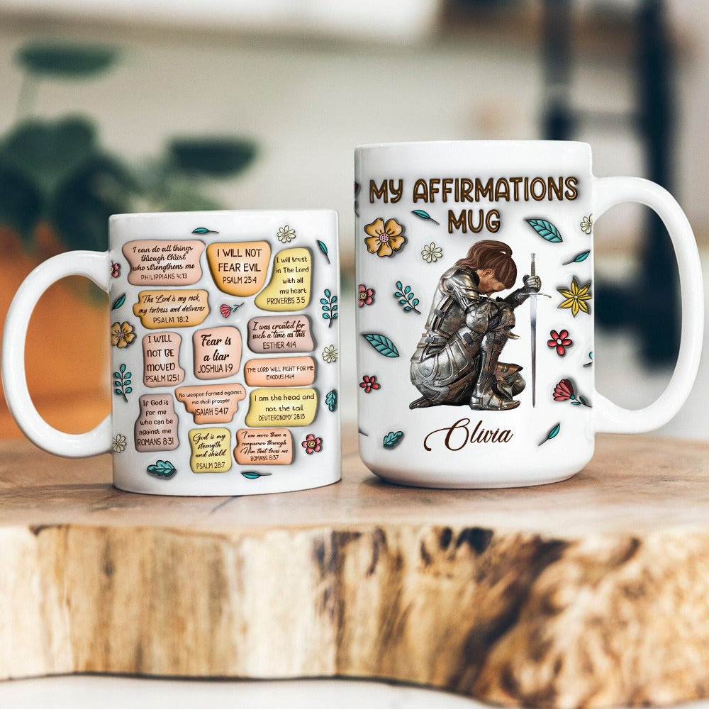 Personalized Woman Warrior Armor Of God Christian Bible Verse Affirmations 3D Inflated Effect White Mug