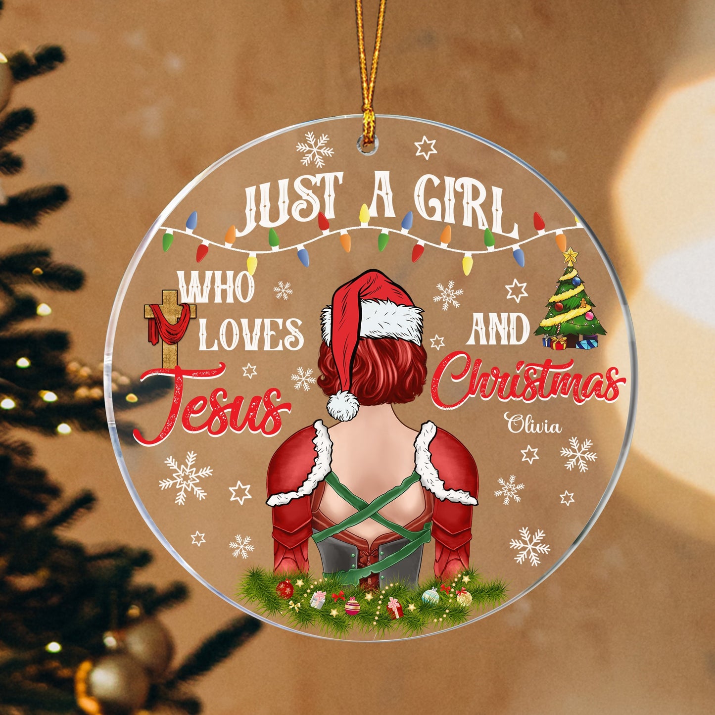 Personalized Woman Warrior Of God Just A Girl Who Loves Jesus And Christmas Circle Acrylic Ornament
