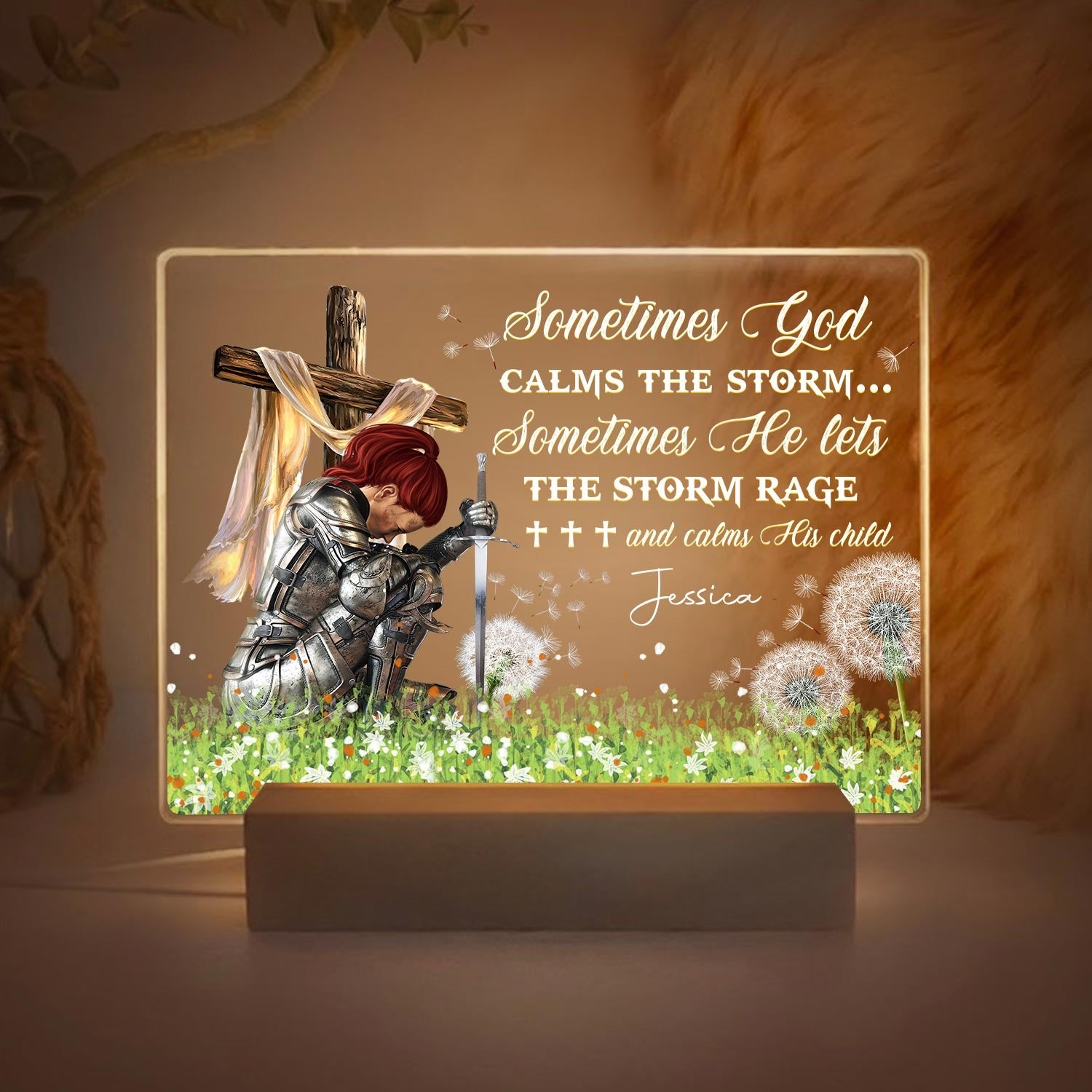 Personalized Woman Warrior Sometimes God Calms The Storm Acrylic Plaque LED Light Night