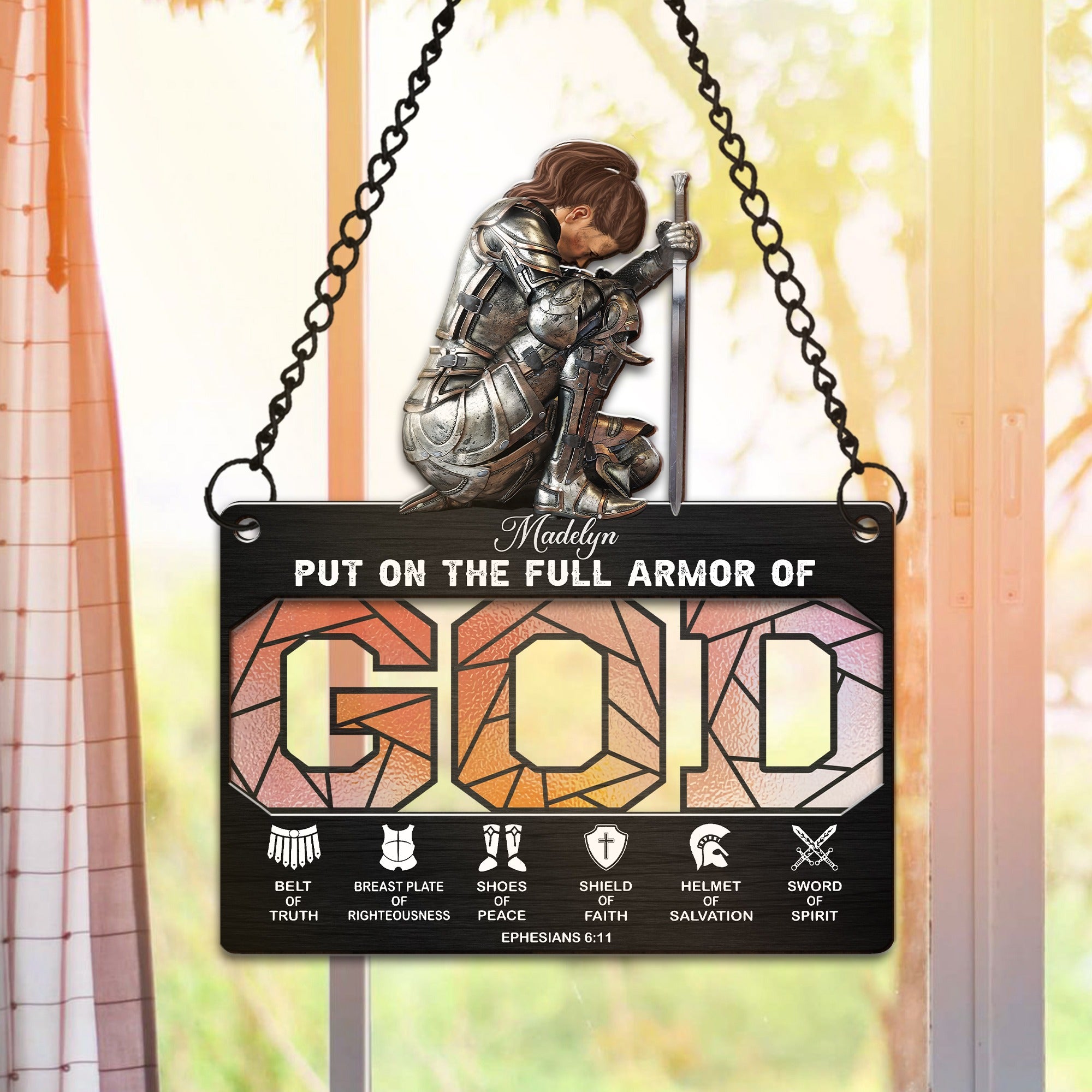 Personalized Woman Warrior of God Put On The Full Armor Of God Ephesians 6-10 Hanging Suncatcher Ornament