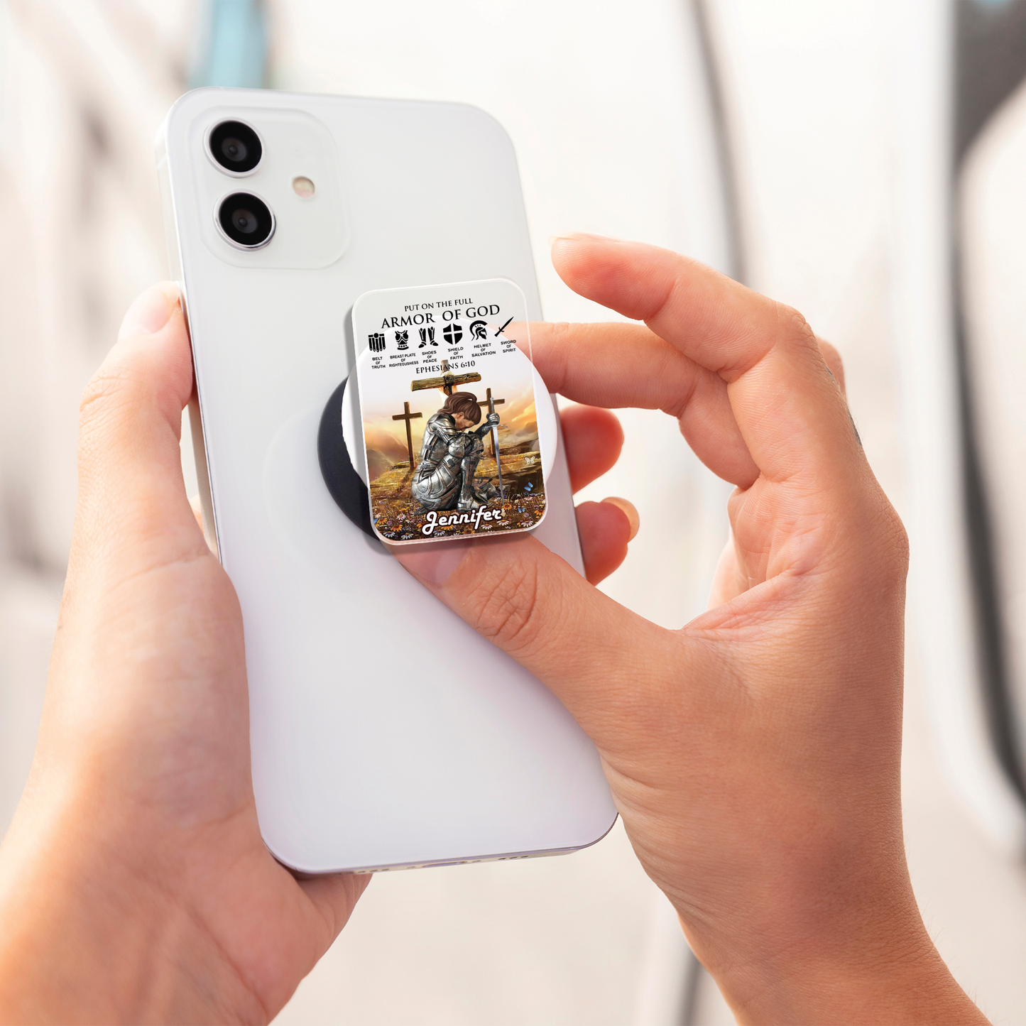 Personalized Woman Warrior of God Put On The Full Armor of God Ephesians 6:10 Acrylic Magnetic Phone Grip