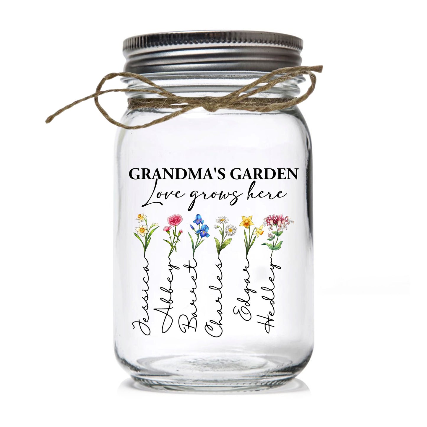Personalized Grandma's Garden, Custom Family Birth Month Flower Love Grows Here Mason Jar Light