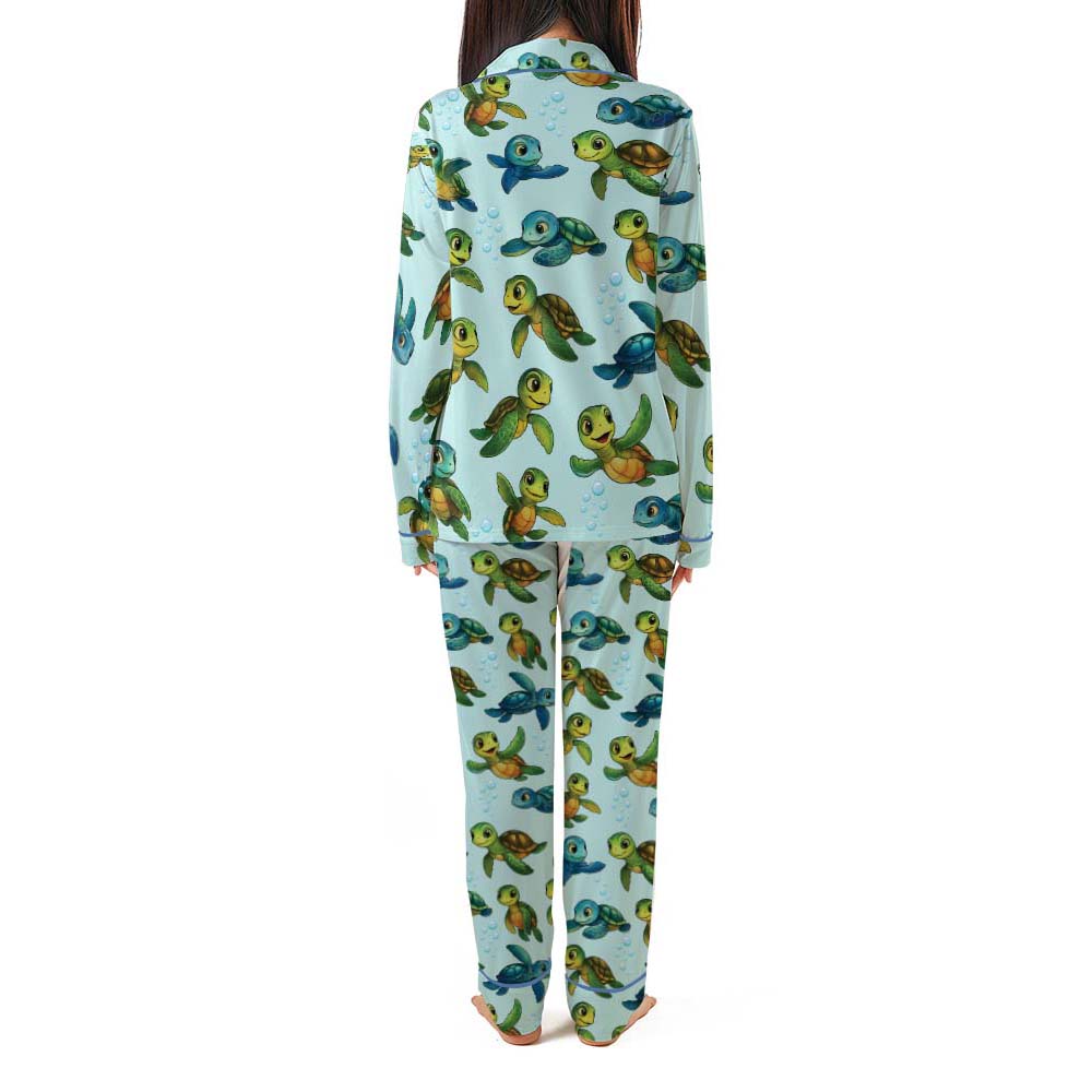 Sea Turtle Print Piping Pajama Set with Double Pockets