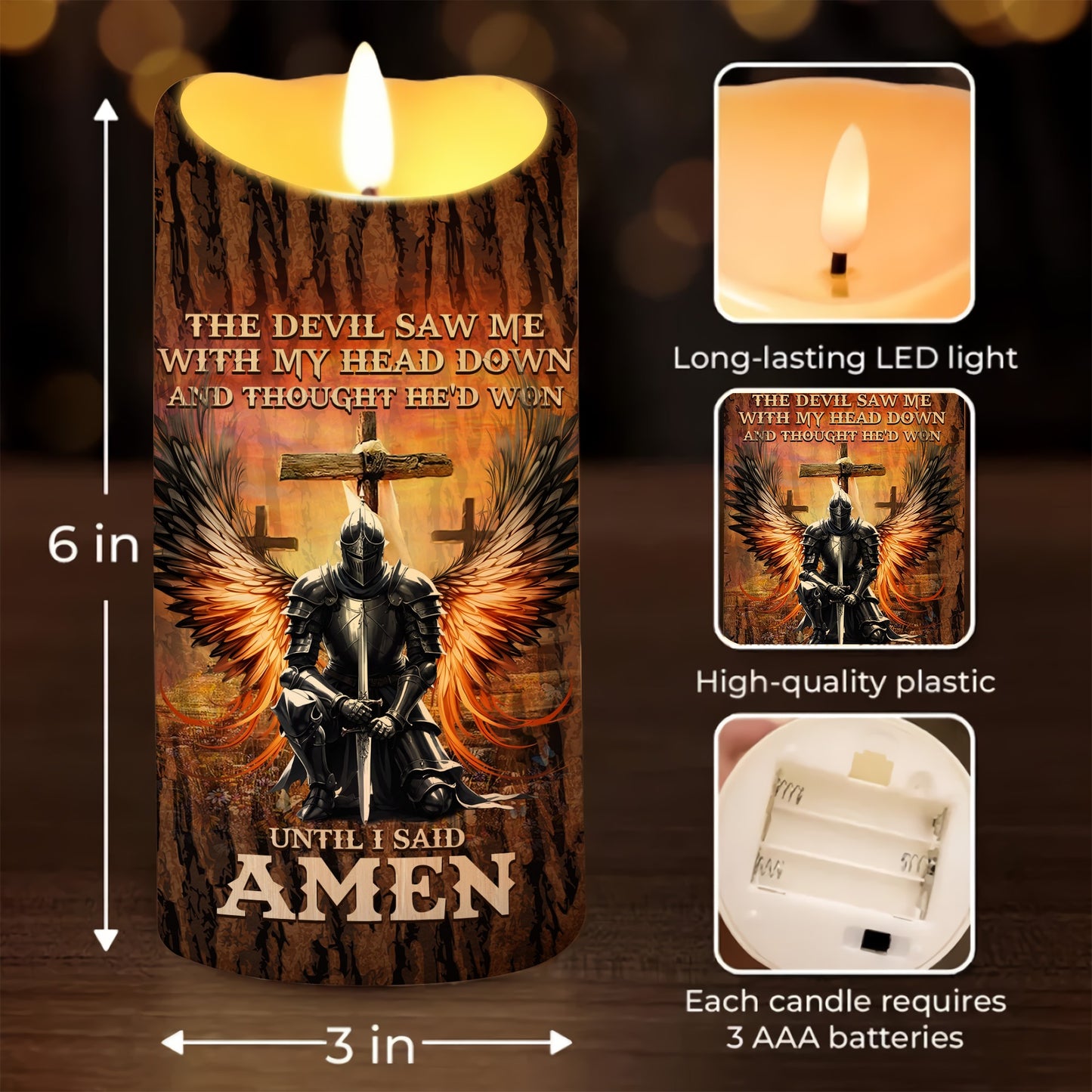 Warrior Of God, The Devil Saw Me With My Head Down - Personalized Christian Led Candle