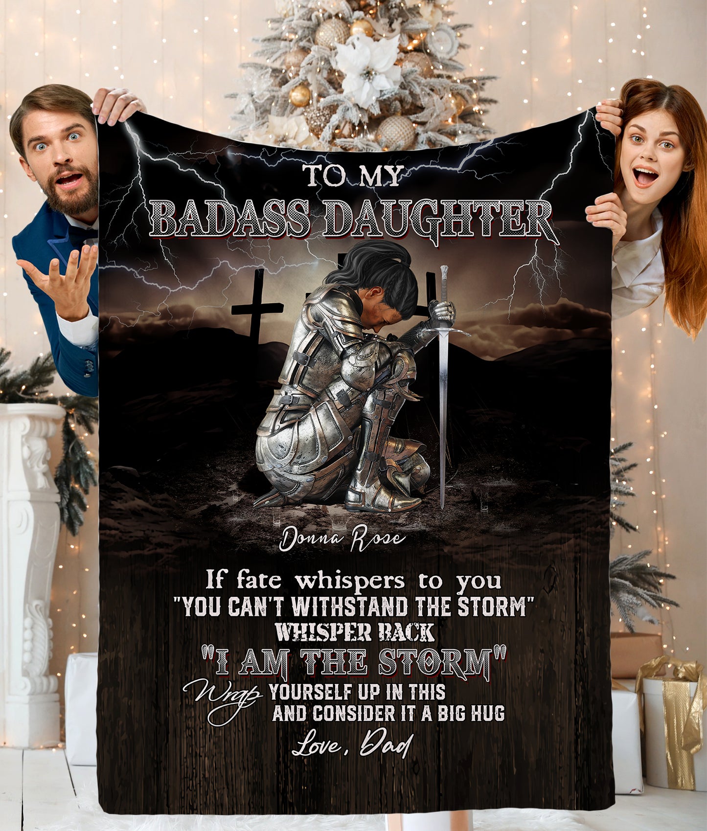 Personalized Woman Warrior Dad To My Badass Daughter If Fate Whispers To You I Am The Storm Fleece Blanket