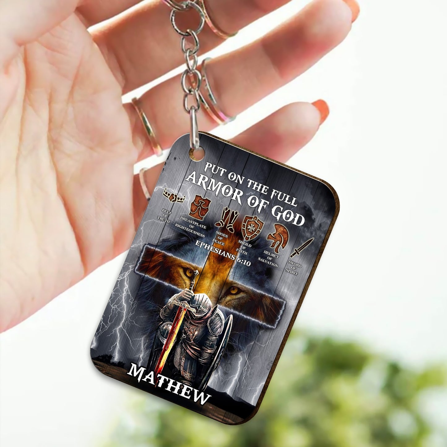 Personalized Man Warrior Of God Put On The Full Armor of God Ephesians 6-10 Wooden Keychain