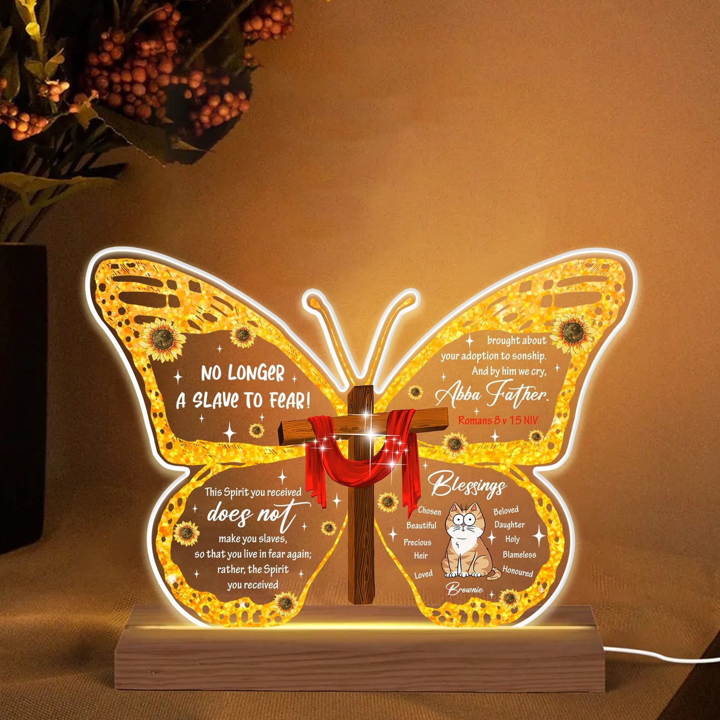 Persoanlized Cat With Romans 8:15 No Longer A Slave To Fear Butterfly Acrylic LED Light Night