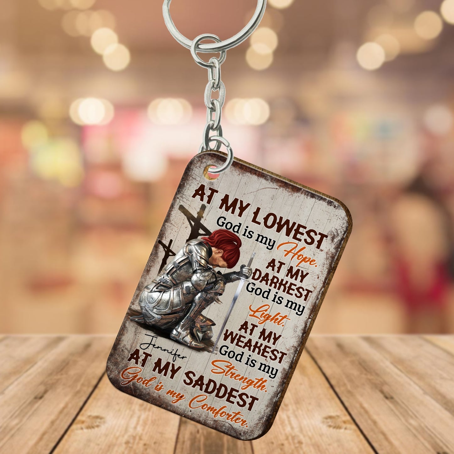 Personalized Woman Warrior Of God At My Lowest God Is My Hope At My Darkest God Is My Light Wooden Keychain