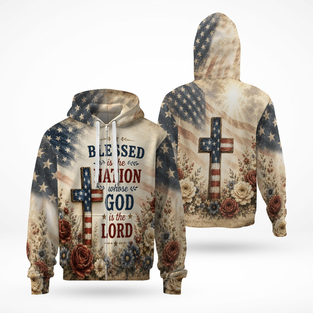 Blessed Is The Nation Whose God Is The Lord Christian Patriotic American Flag Cross 3D All Over Print T-Shirt And Hoodie