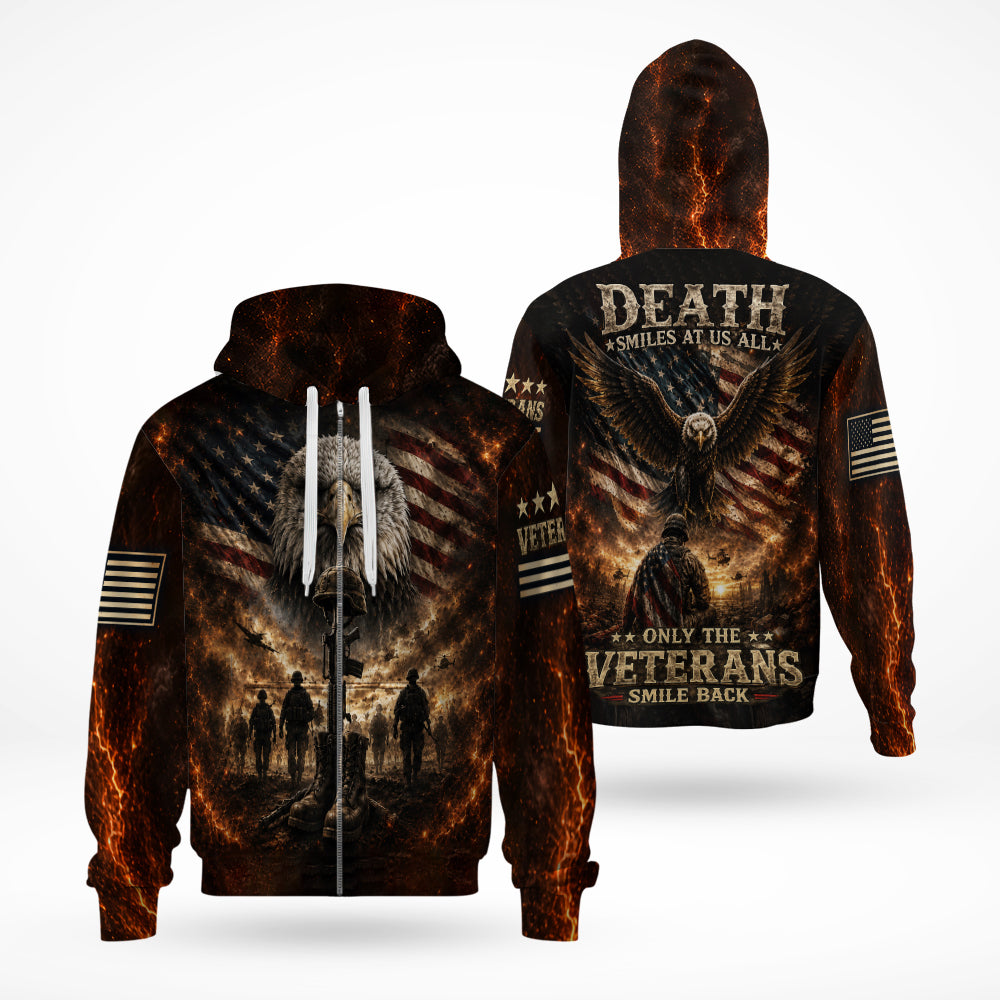 Death Smiles At Us All Only The Veterans Smile Back Eagle American Flag 3D All Over Print T-Shirt And Hoodie