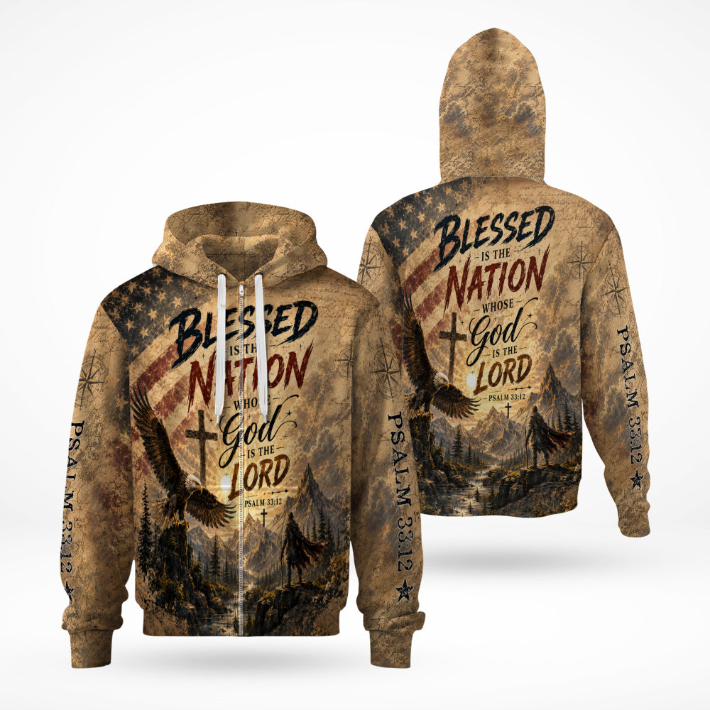 Blessed Is The Nation Whose God Is The Lord Psalm 33:12 Christian American Flag 3D All Over Print T-Shirt And Hoodie