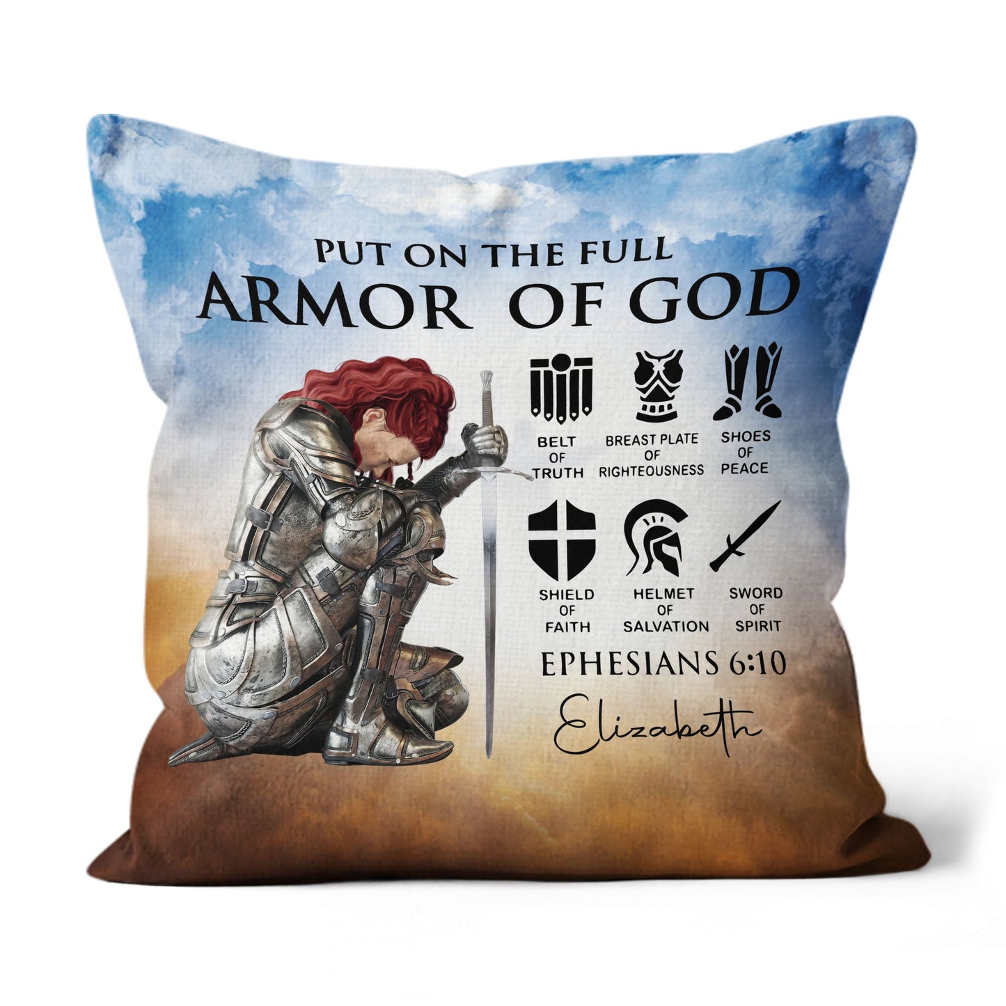 Personalized Custom Name, Skin Tone And Hairstyles Woman Warrior of God Put On The Full Armor of God Ephesians 6-10 Linen Throw Pillow