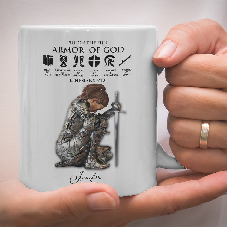 Personalized Custom Name, Skin Tone And Hairstyles Woman Warrior of God Put On The Full Armor of God Ephesians 6-10 White Edge-to-Edge Mug