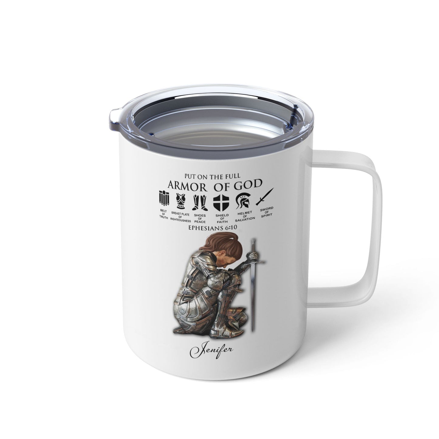 Personalized Custom Name, Skin Tone And Hairstyles Woman Warrior of God Put On The Full Armor of God Ephesians 6-10 Insulated Mug