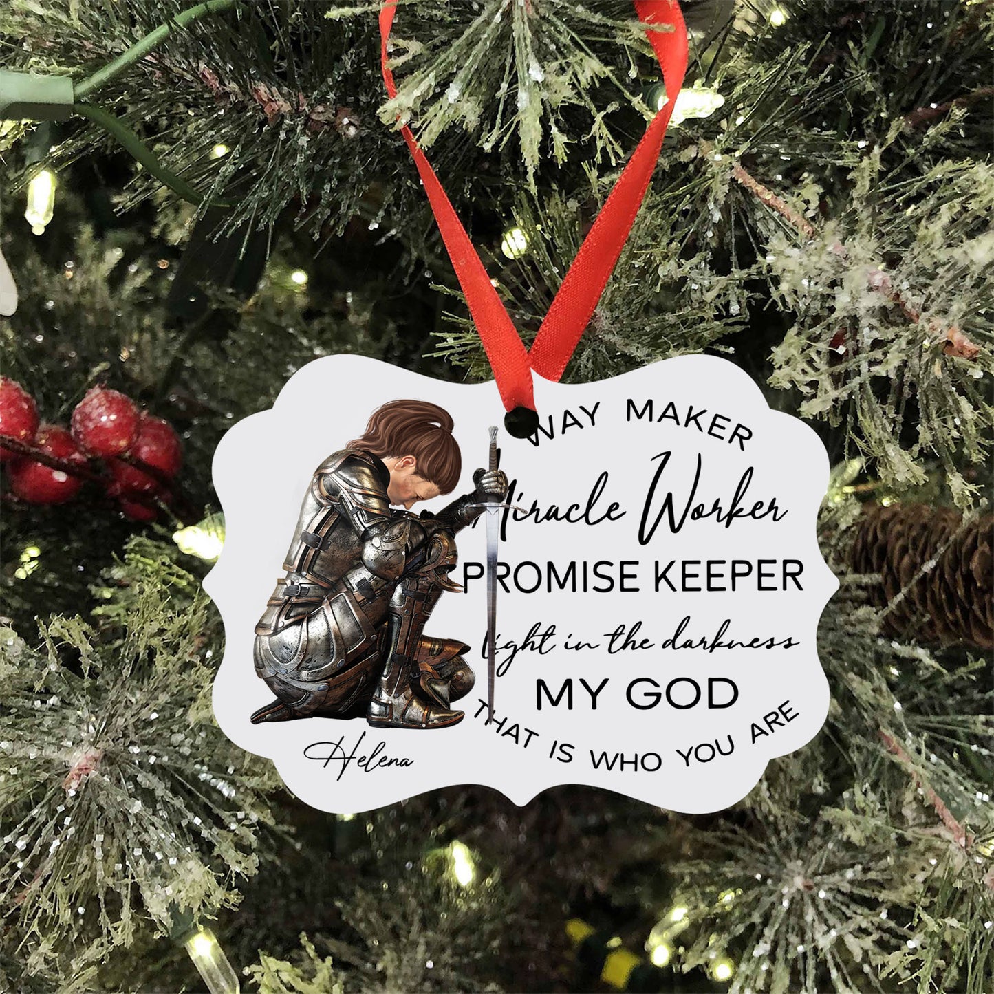 Personalized Woman Warrior Way Maker Miracle Worker Promise Keeper My God Medallion Metal Ornament