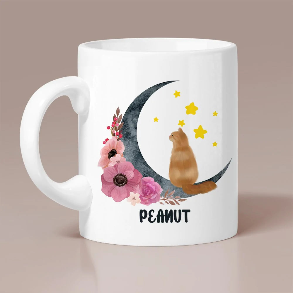 Personalized Cat Sitting On Moon And Flower, Floral Moon Cat White Edge-to-Edge Mug (NEW)