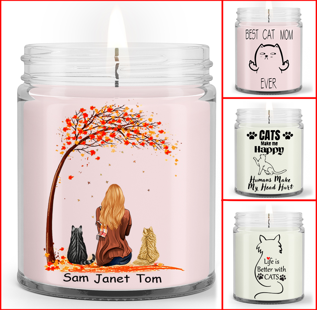 Personalized Soy Wax Candle, Custom name and Artwork Cats and Hair Woman