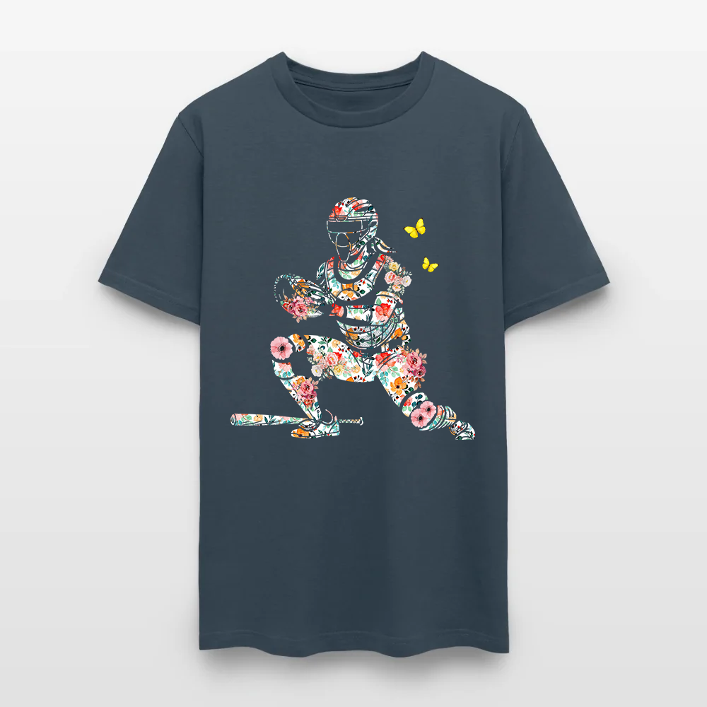 Women’s Baseball Player Catching Ball with Floral Butterfly Design T-Shirt