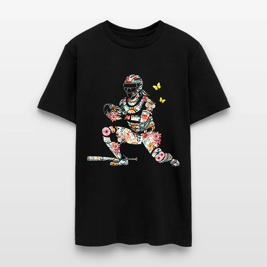 Women’s Baseball Player Catching Ball with Floral Butterfly Design T-Shirt