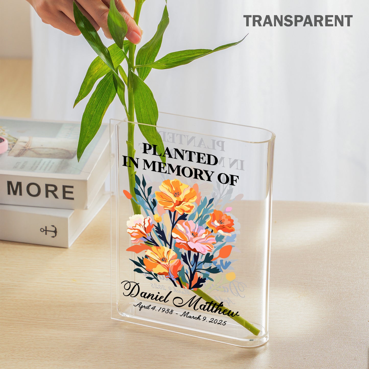 Personalized Birth Flower Planted in Memory, In Loving Memory Gift Acrylic Book Vase
