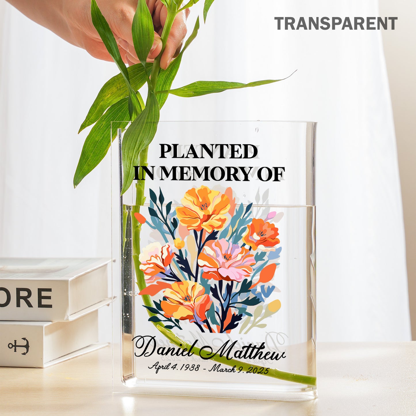 Personalized Birth Flower Planted in Memory, In Loving Memory Gift Acrylic Book Vase