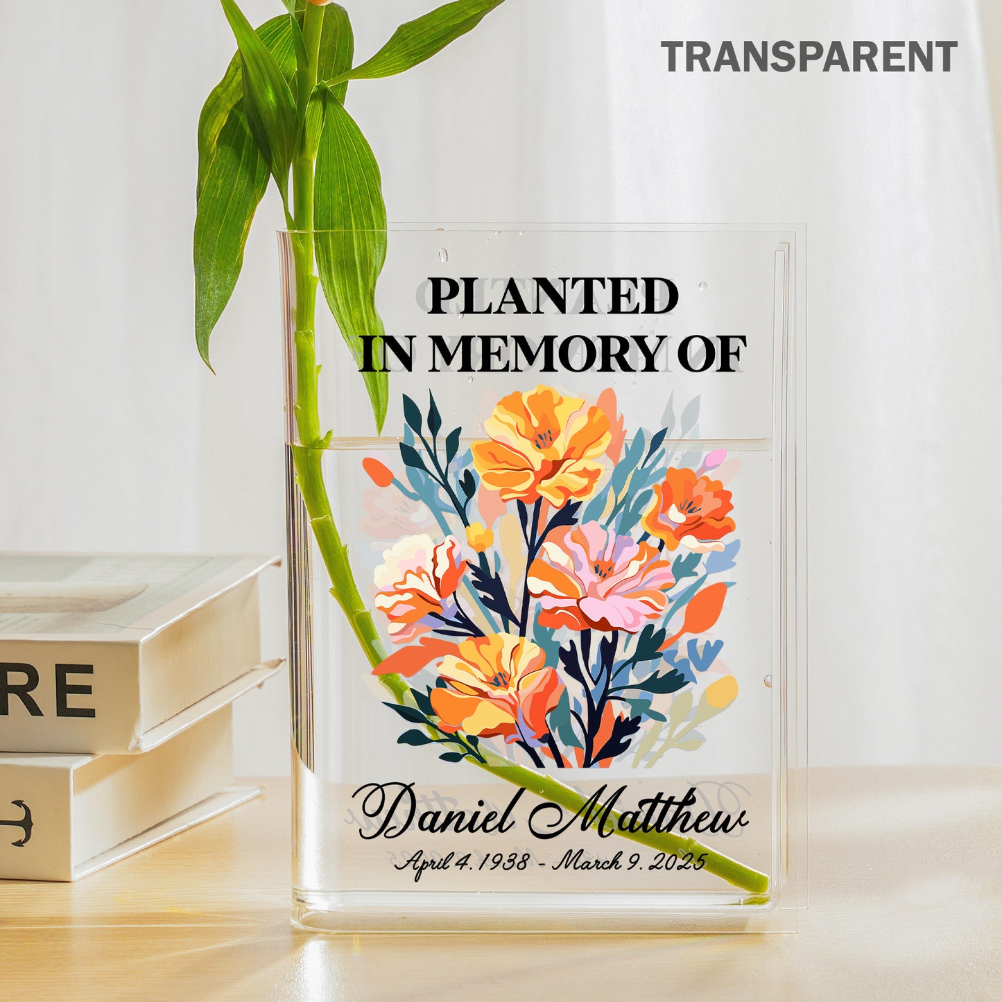Personalized Birth Flower Planted in Memory, In Loving Memory Gift Acrylic Book Vase