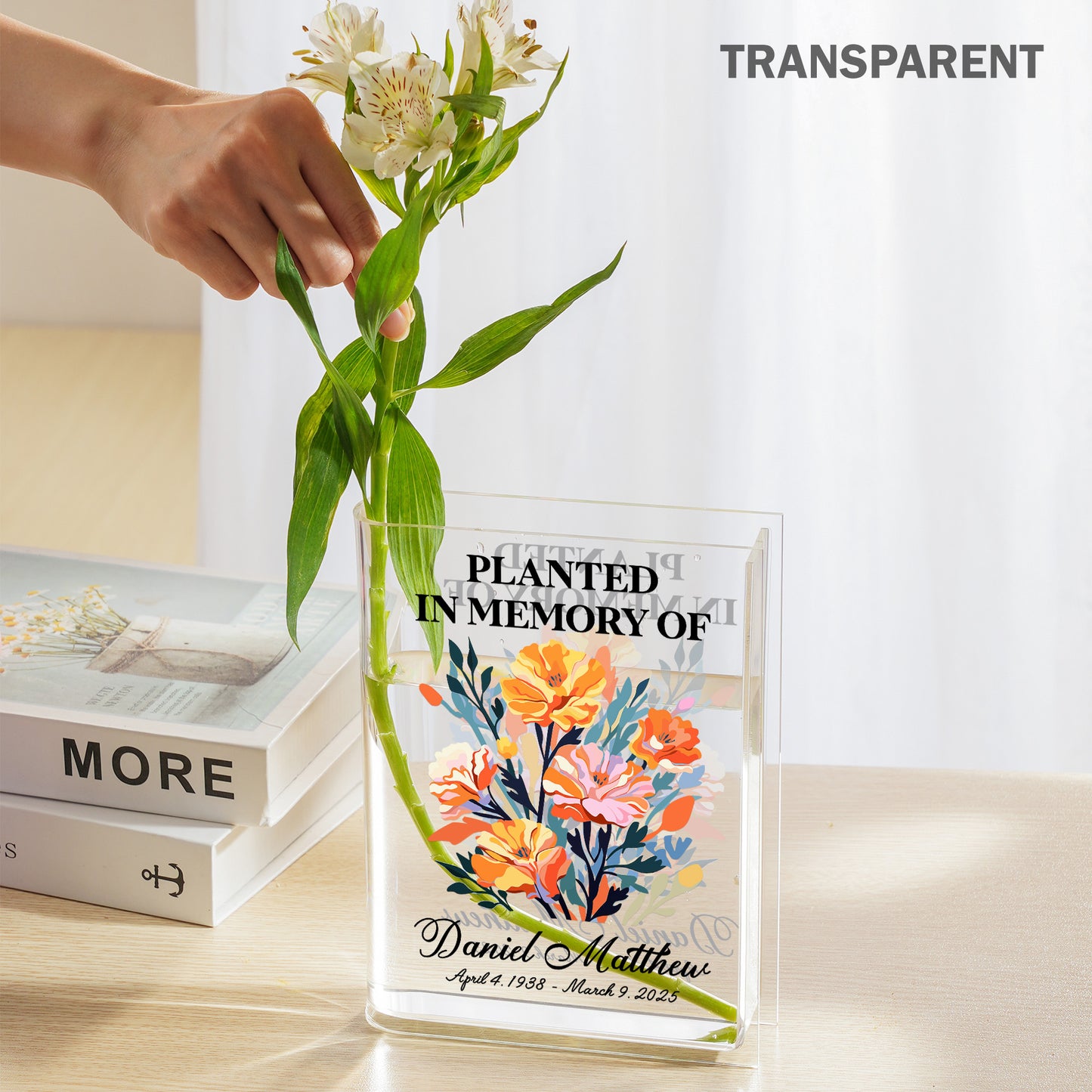 Personalized Birth Flower Planted in Memory, In Loving Memory Gift Acrylic Book Vase