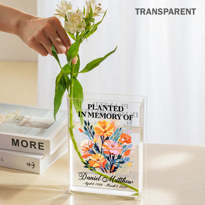 Personalized Birth Flower Planted in Memory, In Loving Memory Gift Acrylic Book Vase