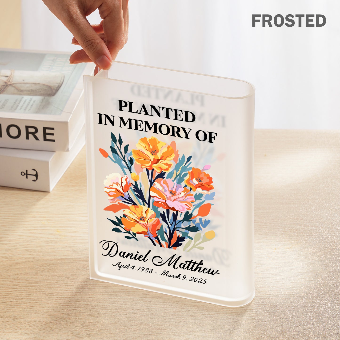 Personalized Birth Flower Planted in Memory, In Loving Memory Gift Acrylic Book Vase