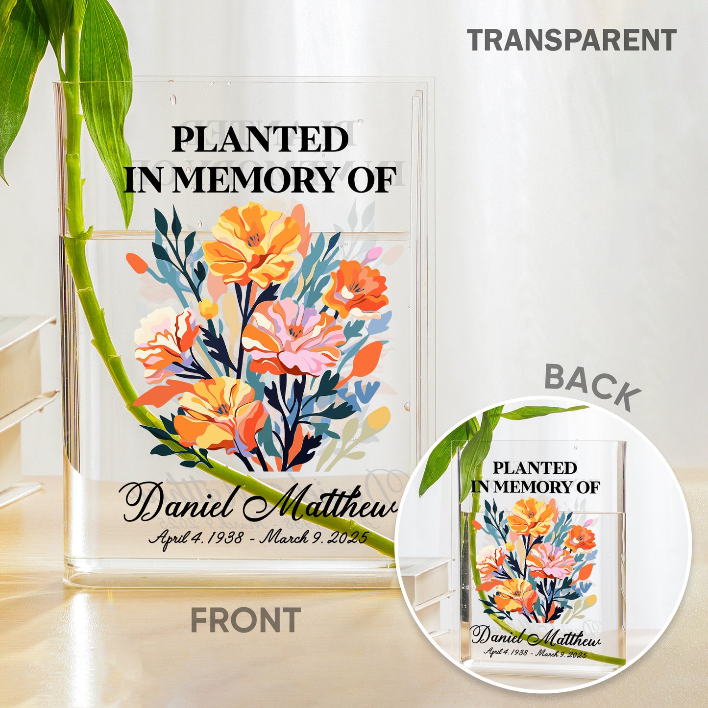 Personalized Birth Flower Planted in Memory, In Loving Memory Gift Acrylic Book Vase