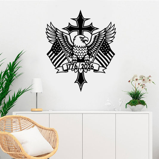 America 250th Anniversary 1776-2026 Patriotic Eagle Cross US Flag Wall Decor Cut Metal Sign