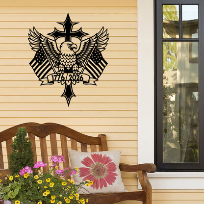 America 250th Anniversary 1776-2026 Patriotic Eagle Cross US Flag Wall Decor Cut Metal Sign