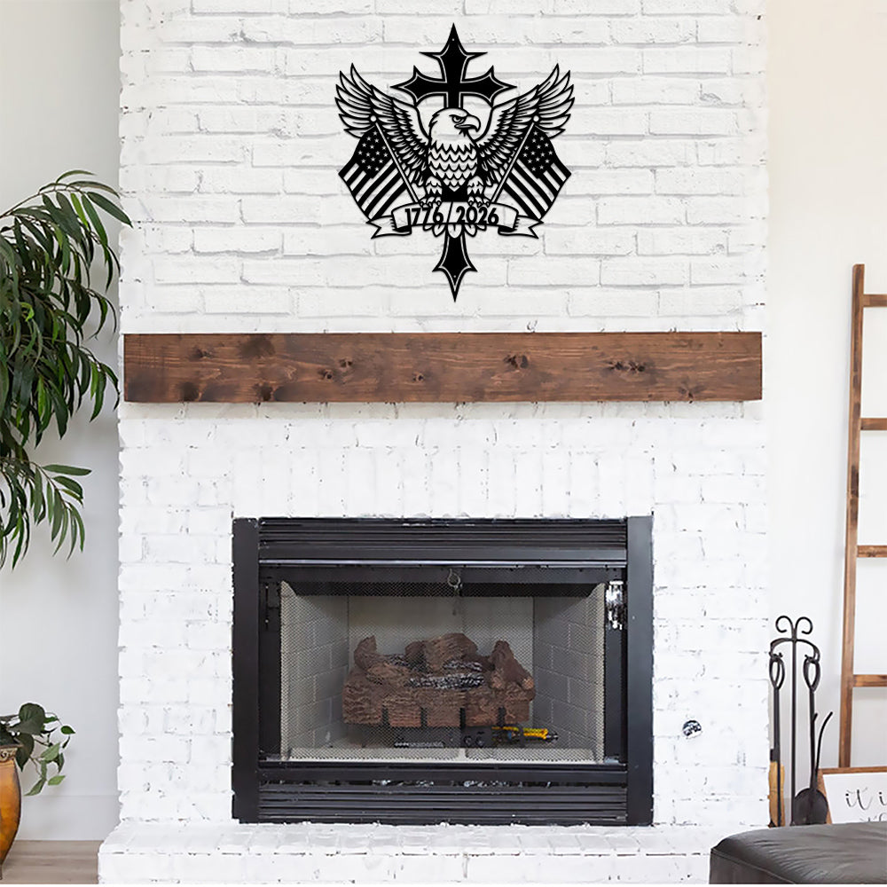 America 250th Anniversary 1776-2026 Patriotic Eagle Cross US Flag Wall Decor Cut Metal Sign