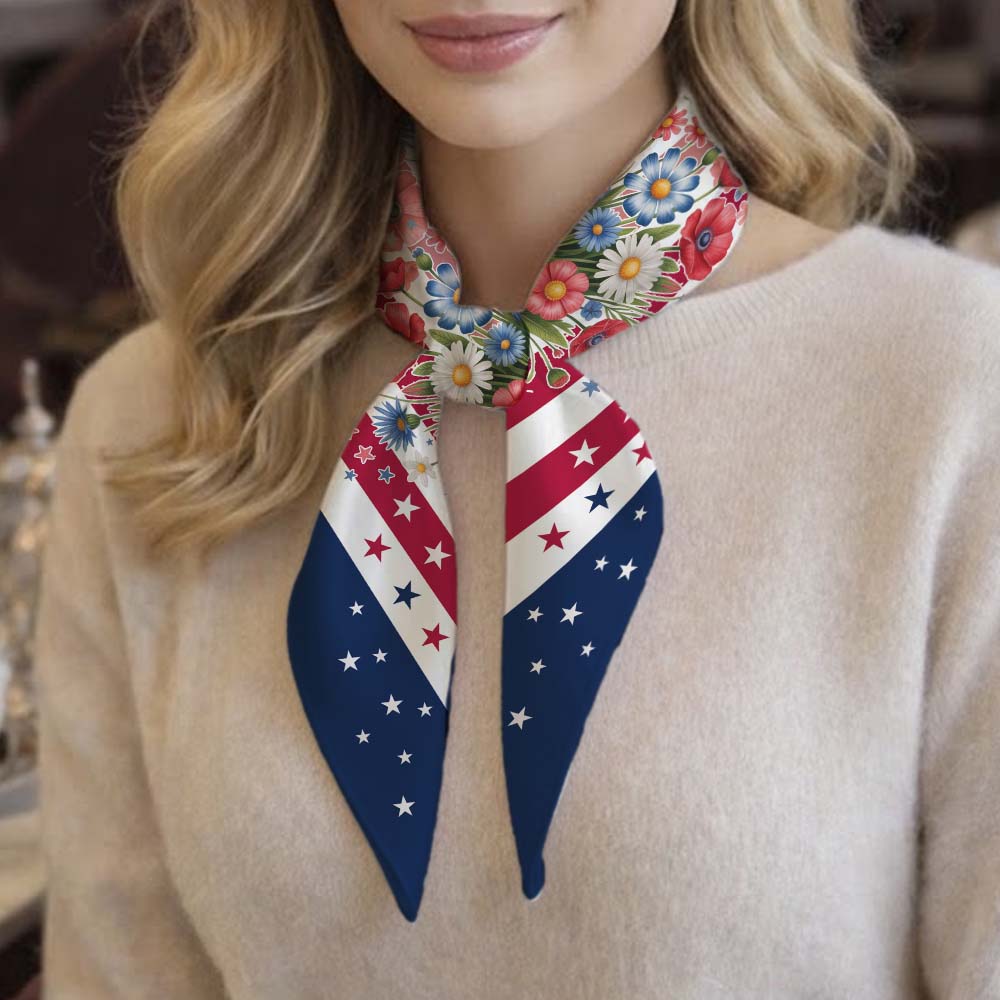 America 250th Anniversary Patriotic Floral American Flag All-over Print Satin Hair Scarf