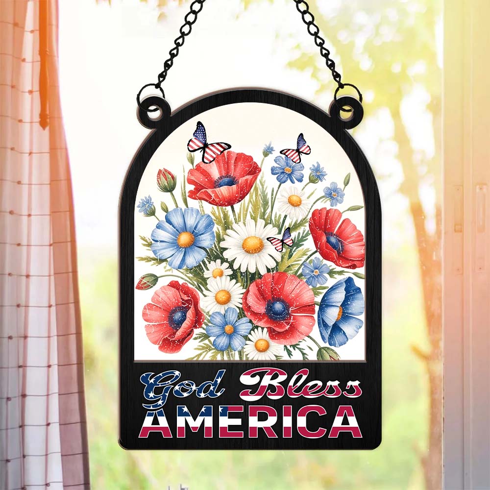 America 250th Anniversary Patriotic Floral God Bless America Hanging Suncatcher Ornament