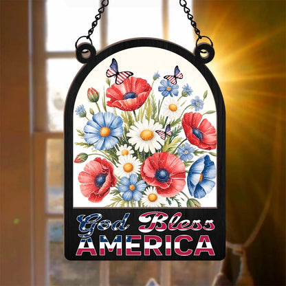 America 250th Anniversary Patriotic Floral God Bless America Hanging Suncatcher Ornament