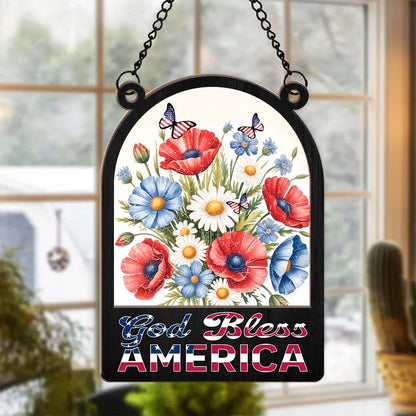 America 250th Anniversary Patriotic Floral God Bless America Hanging Suncatcher Ornament