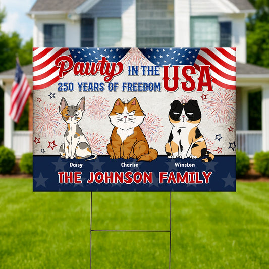 Personalized Funny Cat America 250th Anniversary Pawty in the USA Patriotic Yard Sign