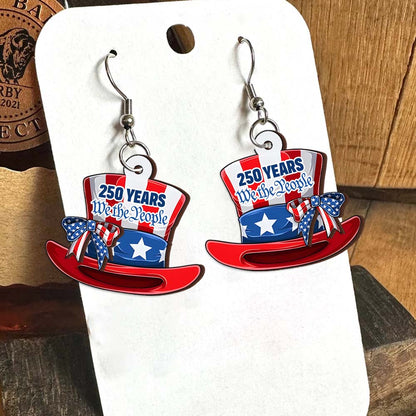 America 250th Anniversary Patriotic We The People 2-Layer Wooden Earrings